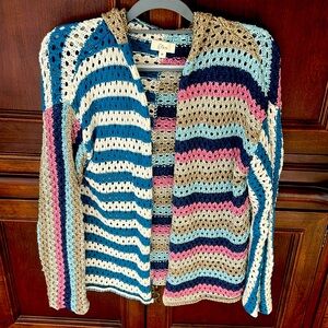 Unique multi colored with metallic crocheted cardigan with hood. Like new.